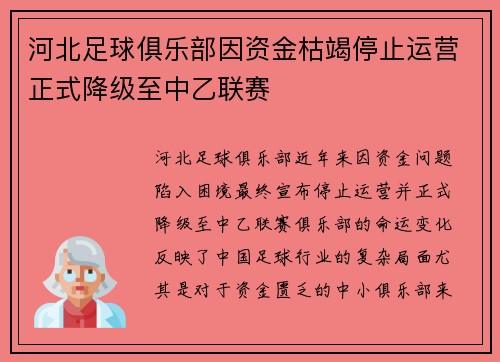 河北足球俱乐部因资金枯竭停止运营正式降级至中乙联赛