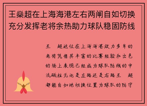 王燊超在上海海港左右两闸自如切换充分发挥老将余热助力球队稳固防线